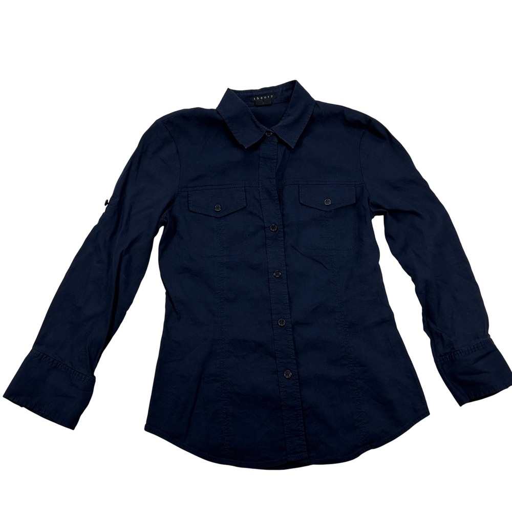 Theory Button Down Linen Shirt Long Sleeve Collared Utility Top Navy Blue Petite